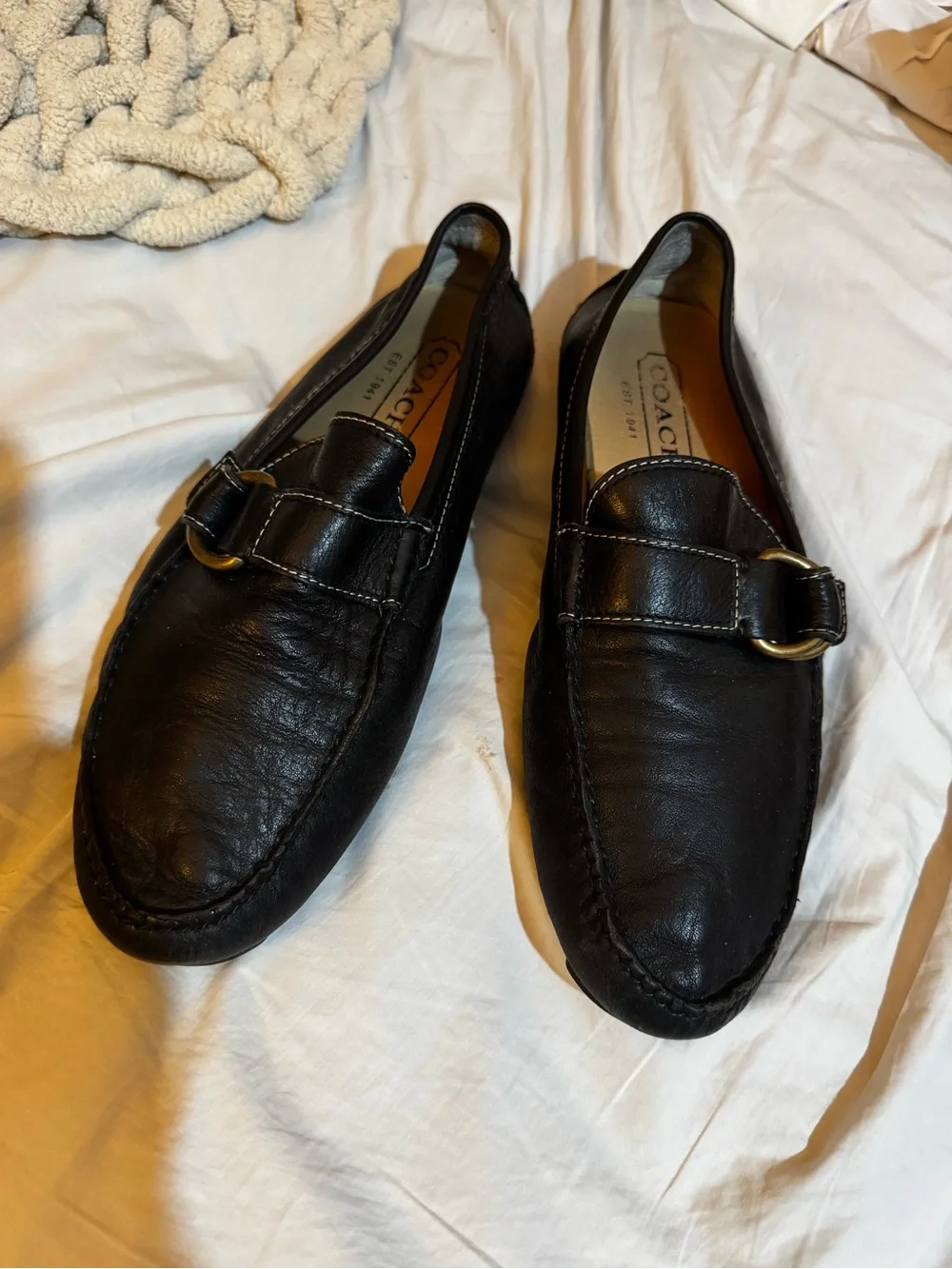 Coach Black Leather Men’s Slip-On Loafers with Brass Buckle